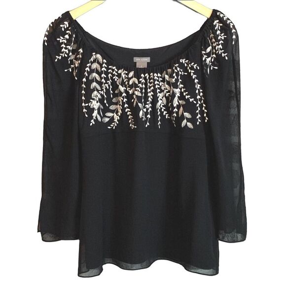 Ann Taylor 100% Silk Chiffon Embroidered 3/4 Sleeve Blouse Black Size 2 - Picture 1 of 10